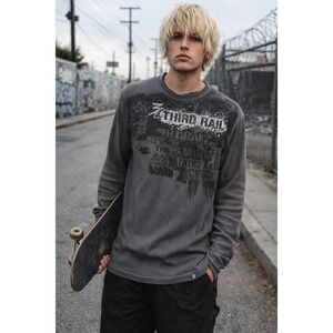 Third Rail XXL Waffle Knit Thermal Long Sleeve Shirt Gray Graphic